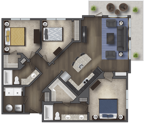Floor plan for 3 beds, 2 baths, 1358 sqft